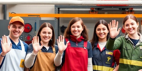 Winkende Arbeitnehmerinnen und Auszubildende