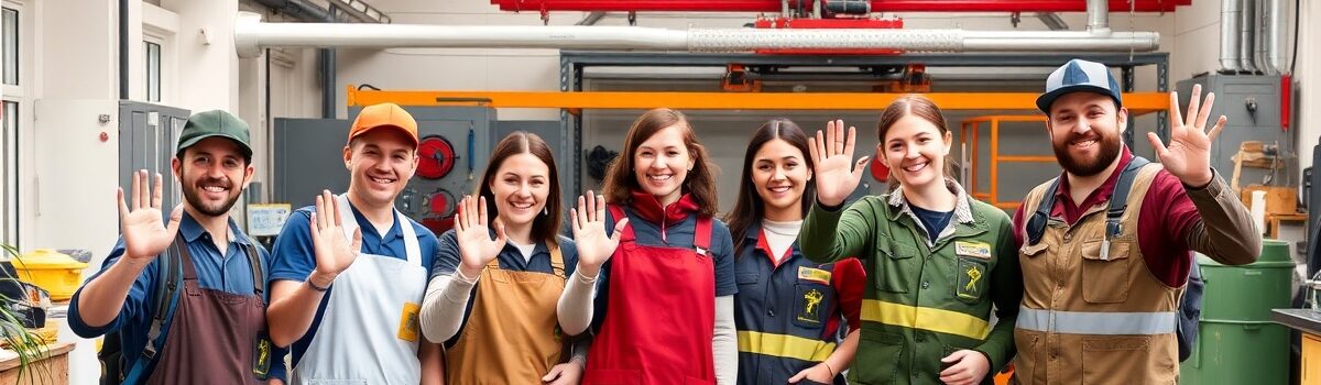 Fröhliche Arbeitnehmer winken in die Kamera