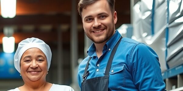 Eine Frau mit Haube und ein Mann mit Kittel in einem Warenlager.