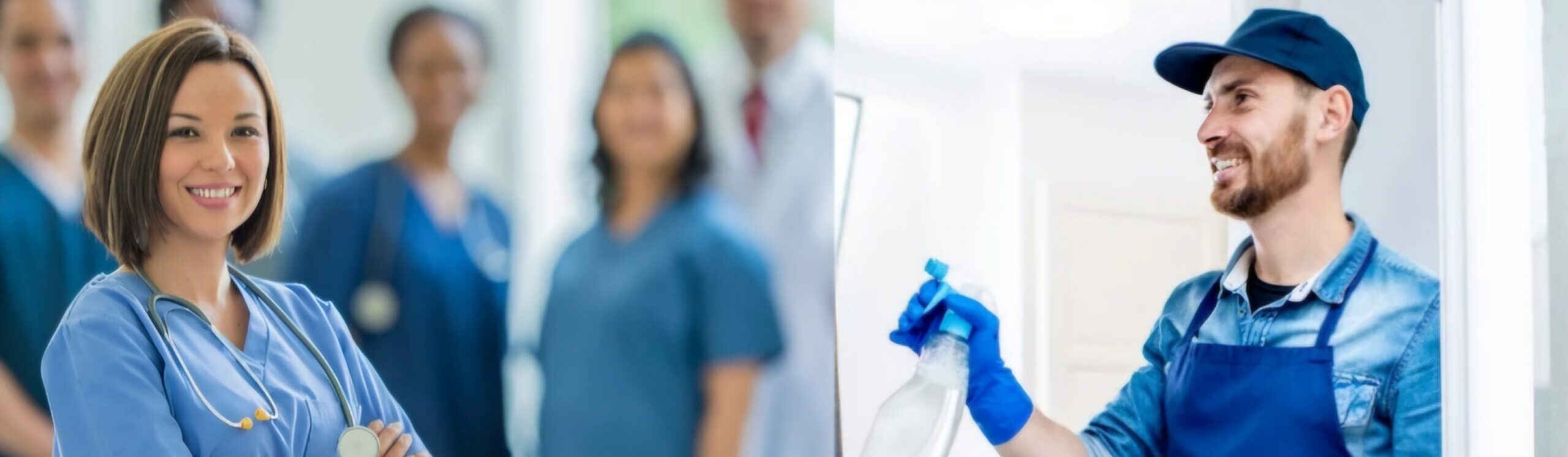 Eine Pflegekraft und eine Reinigungskraft bei der Arbeit.